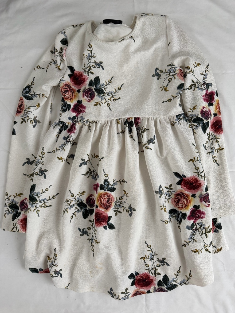 Floral Long-Sleeve Peplum Dress - White with Rose Print